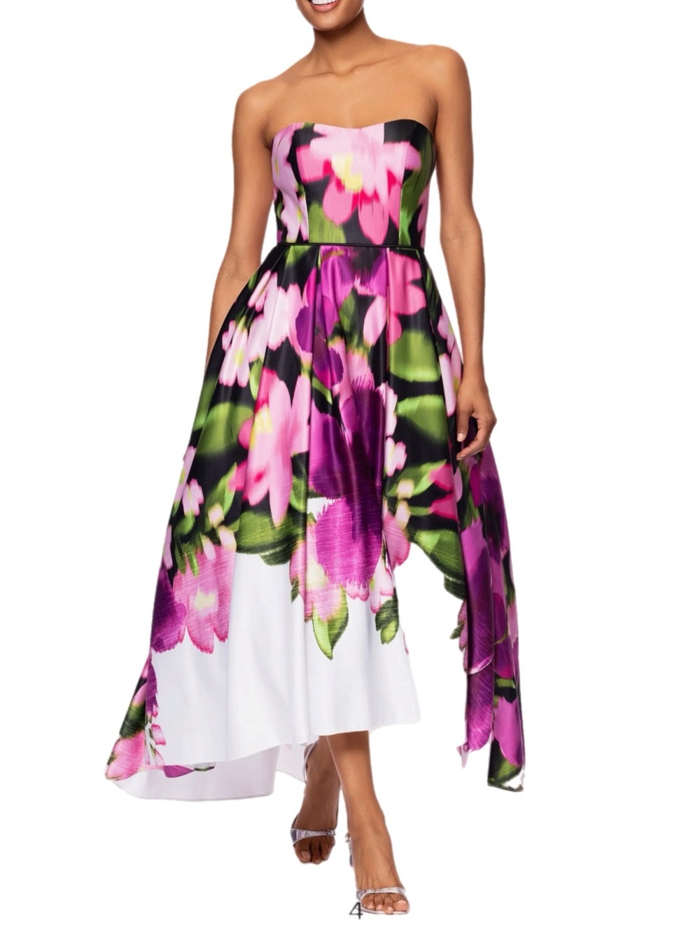 NWT Betsy & Adam $329 MSRP Strapless Floral High-Low Dress in Pink & Green